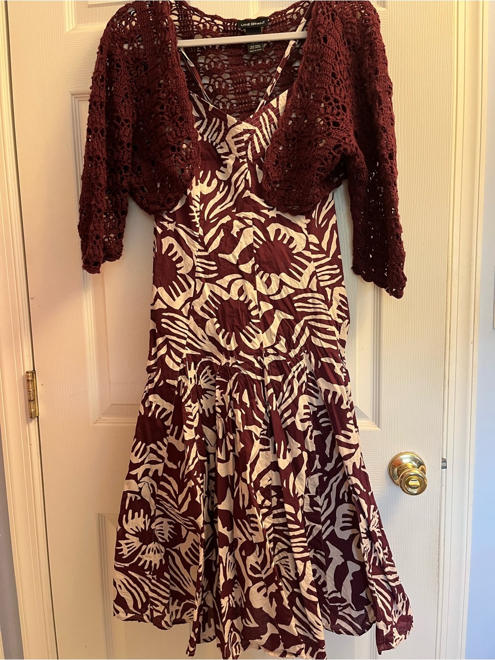 #22 Lane Bryant Burgundy & Cream Floral Maxi Dress 16 with Crochet Bolero 14/16
